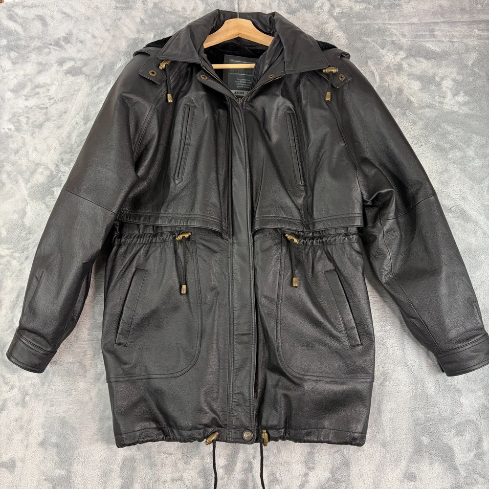 Vintage 80s Sergio Vadducci Black Leather Hooded Jacket Size XL NEW!